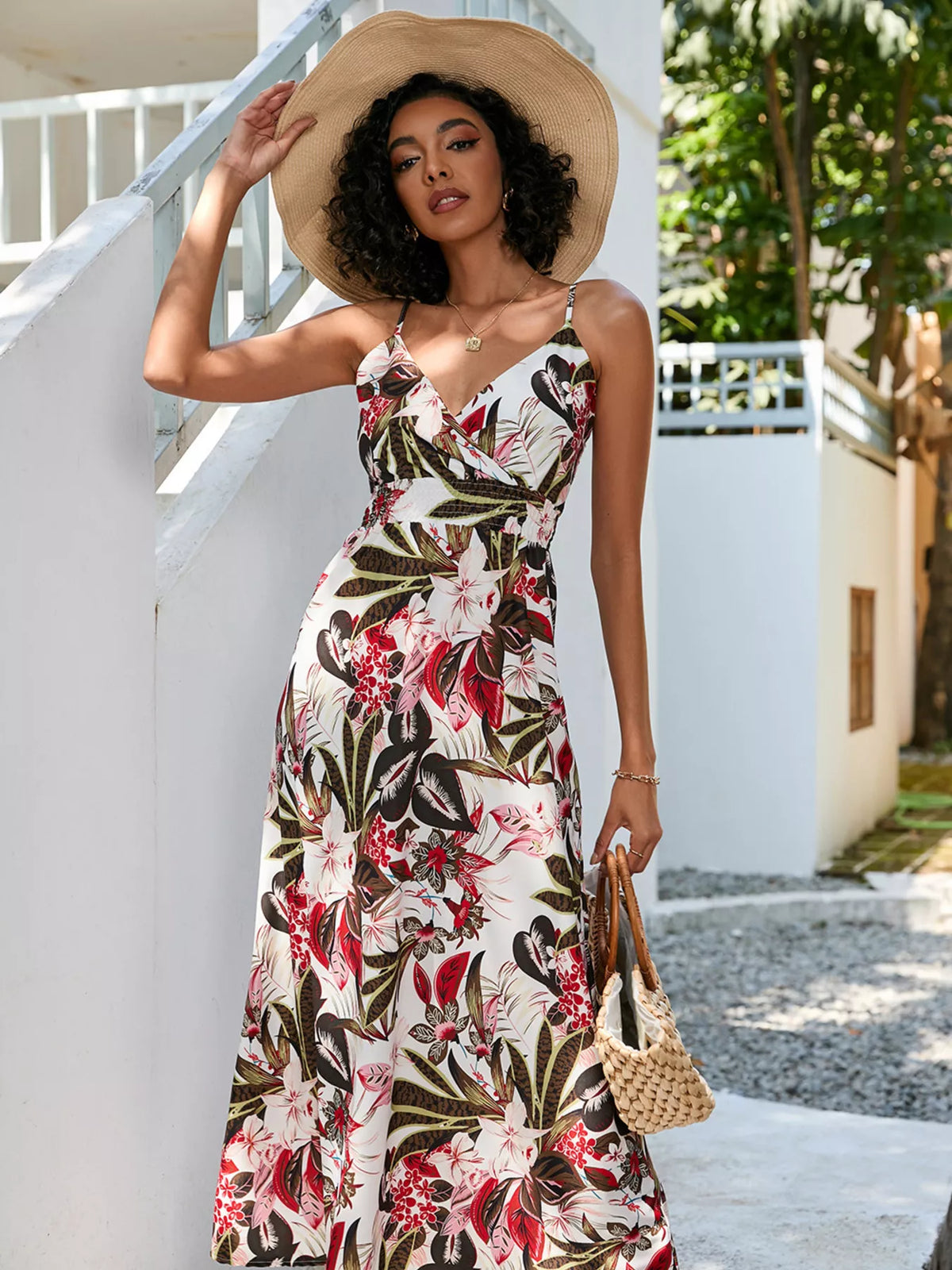 Floral print spaghetti strap midi dress front view