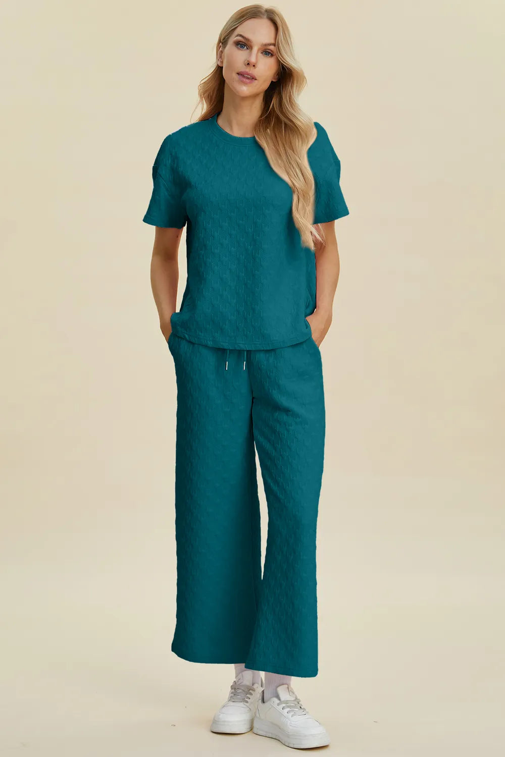 Double Take Full Size Texture Round Neck Short Sleeve Top and Pants Set Cerulean - Fashorio
