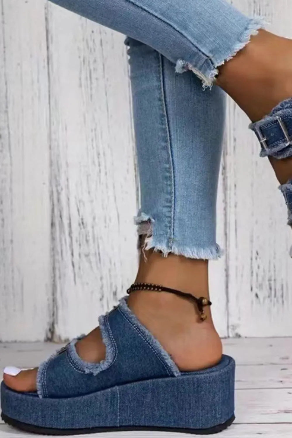 Raw hem wedge sandals top view