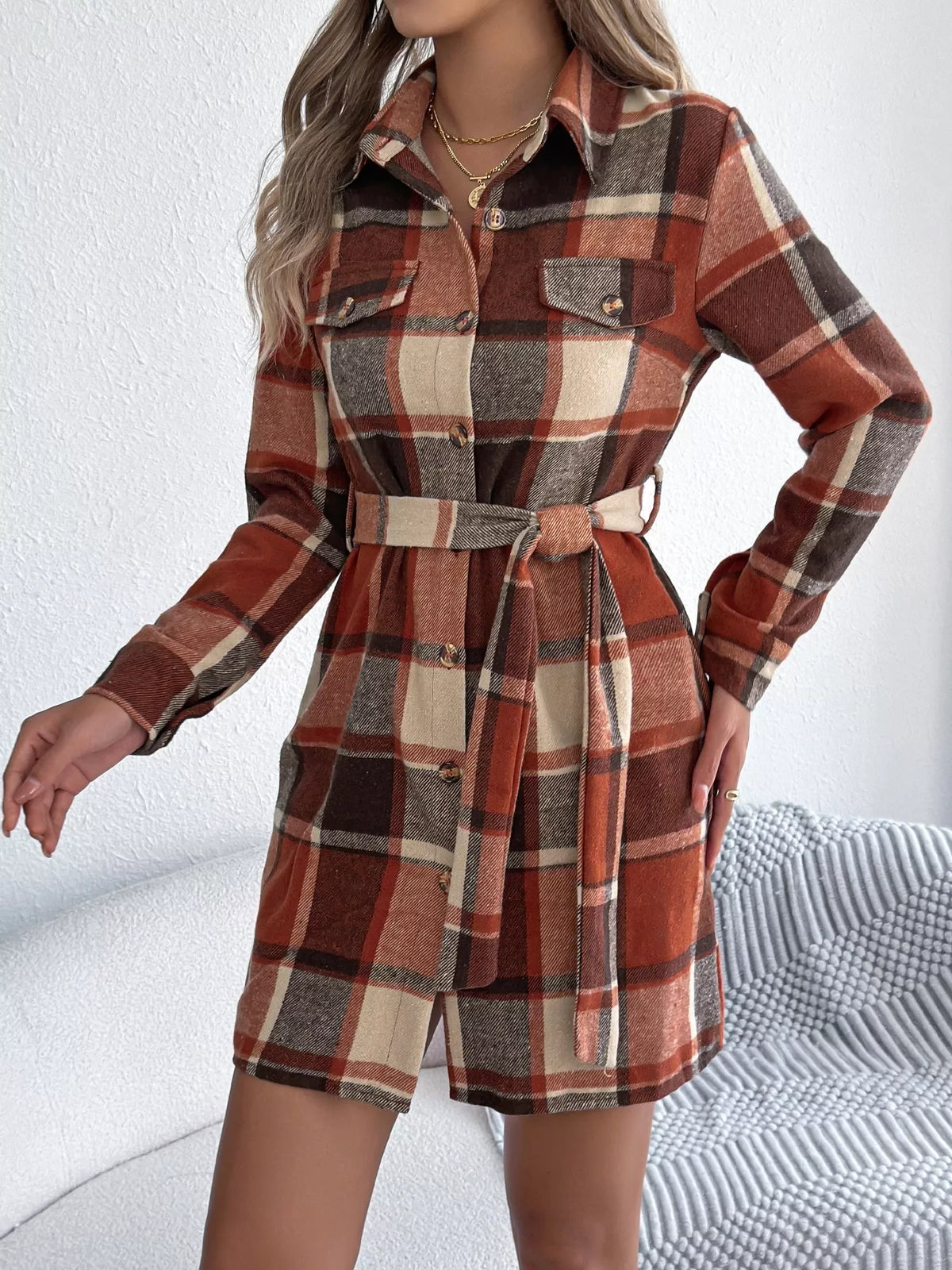Plaid Tie Waist Shirt Dress in Green view 15