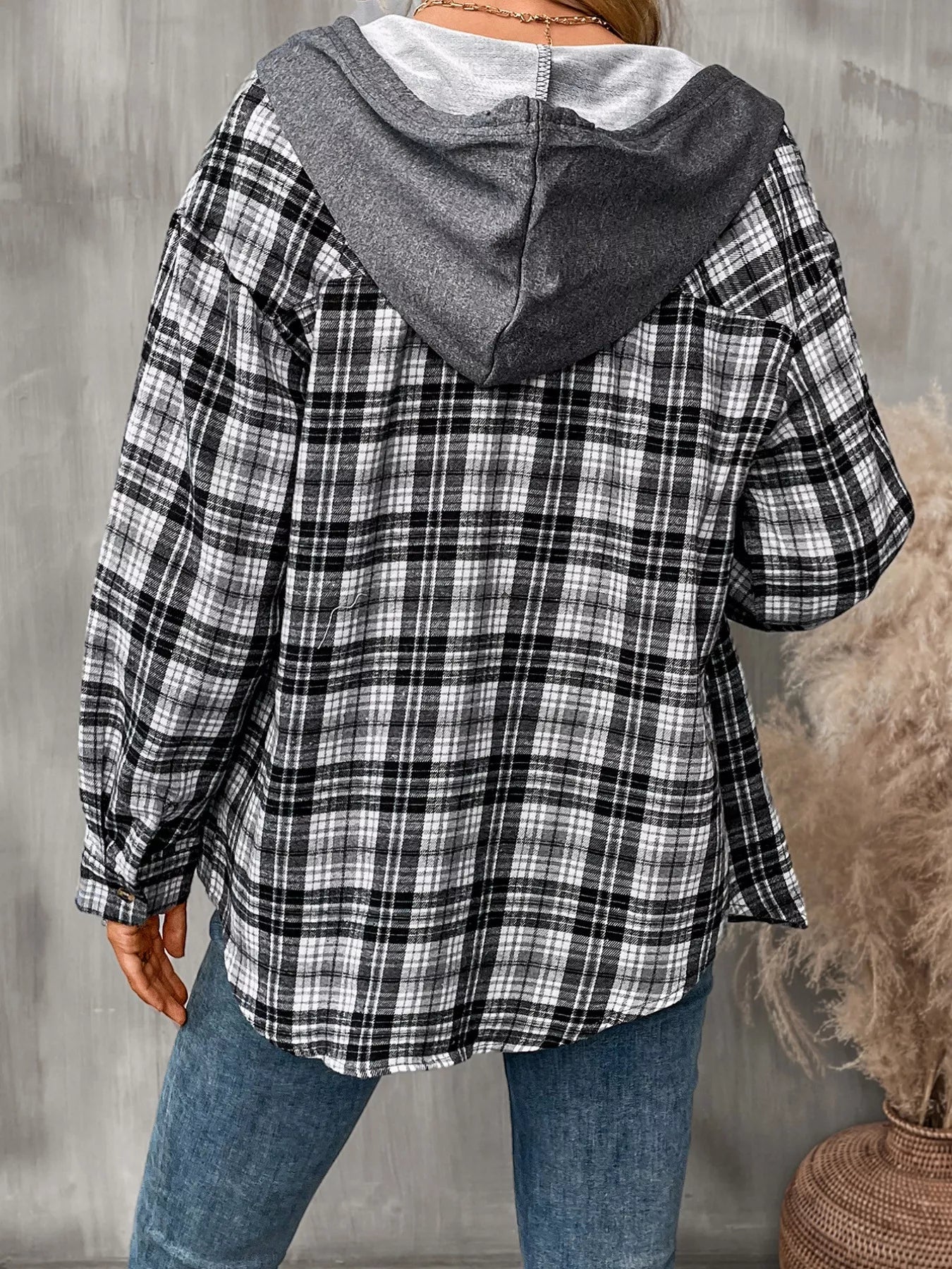 Plaid Button-Up Hooded Shirt - Fashorio