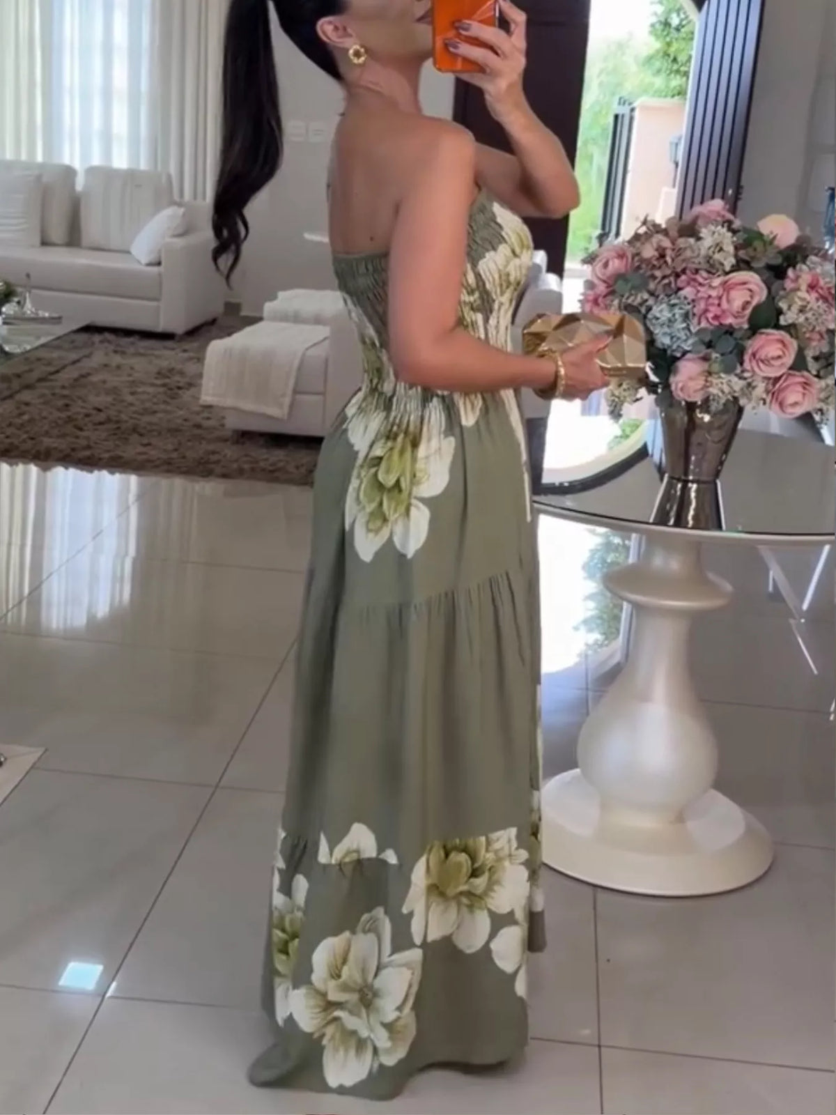 green floral smocked strapless tube maxi dress back view