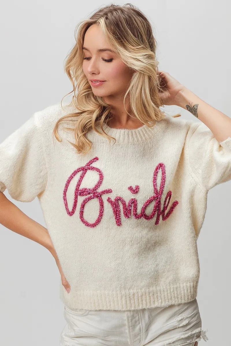 Metallic Letter Fuzzy Puff Sleeve Top in Ivory view 7