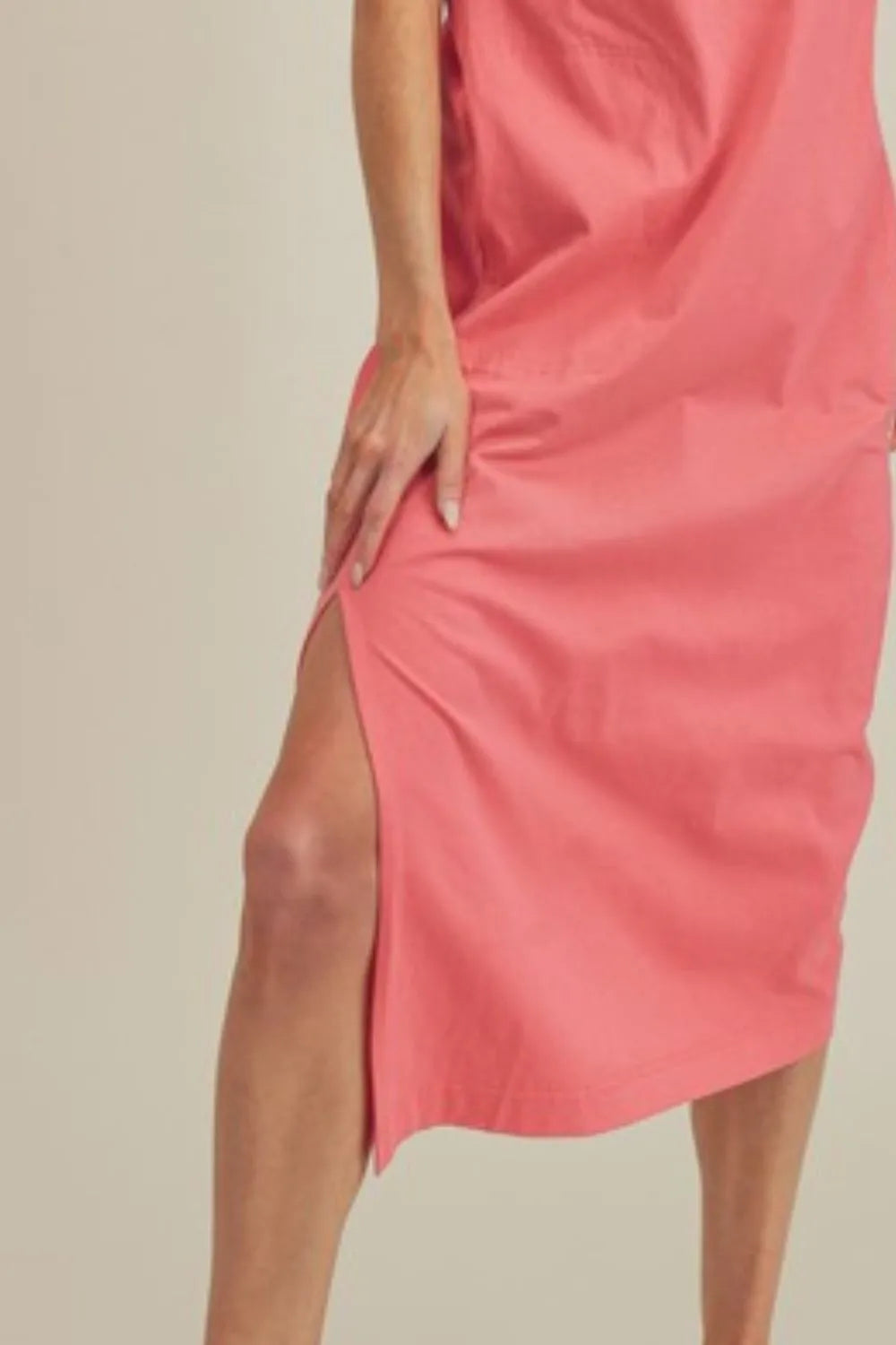 Round neck midi dress back view showing relaxed fit