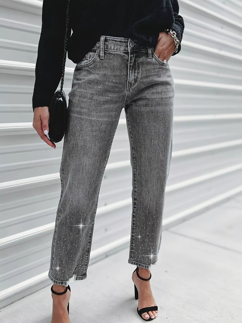 Rhinestone embellished cropped jeans front view