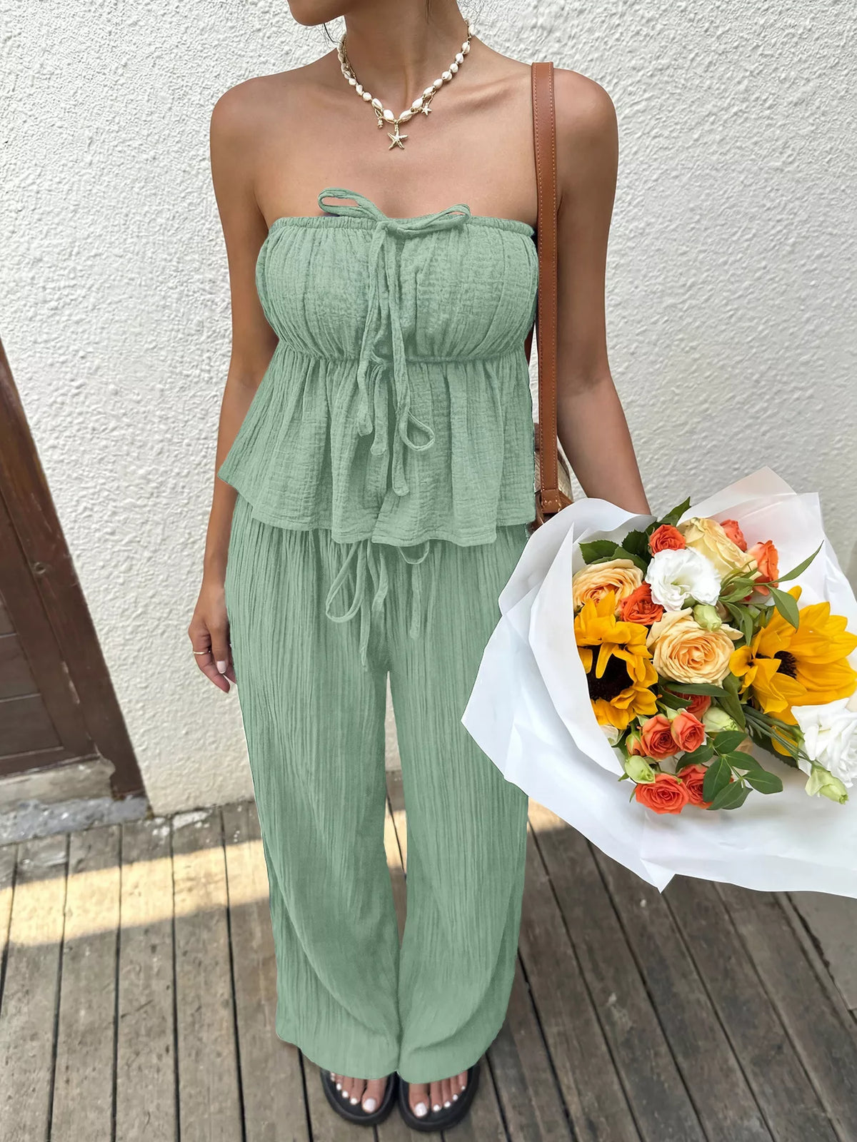 Tube top wide leg pants set detail view