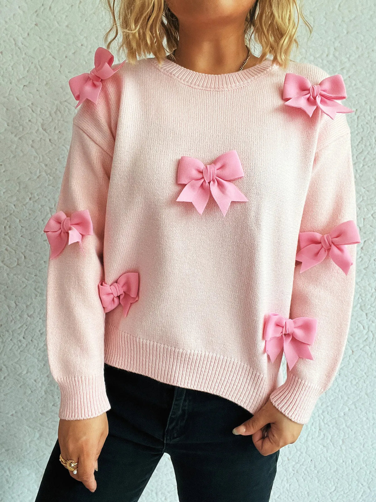 Bow round neck long sleeve sweater front view