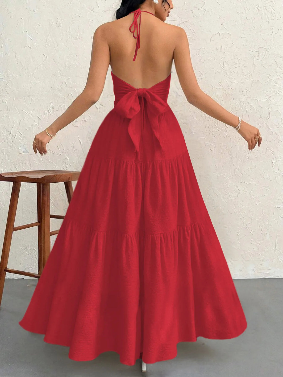 halter neck tiered backless maxi dress neckline detail