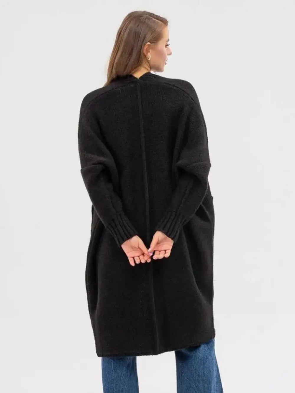 Pocketed Open Front Long Sleeve Longline Cardigan - Fashorio