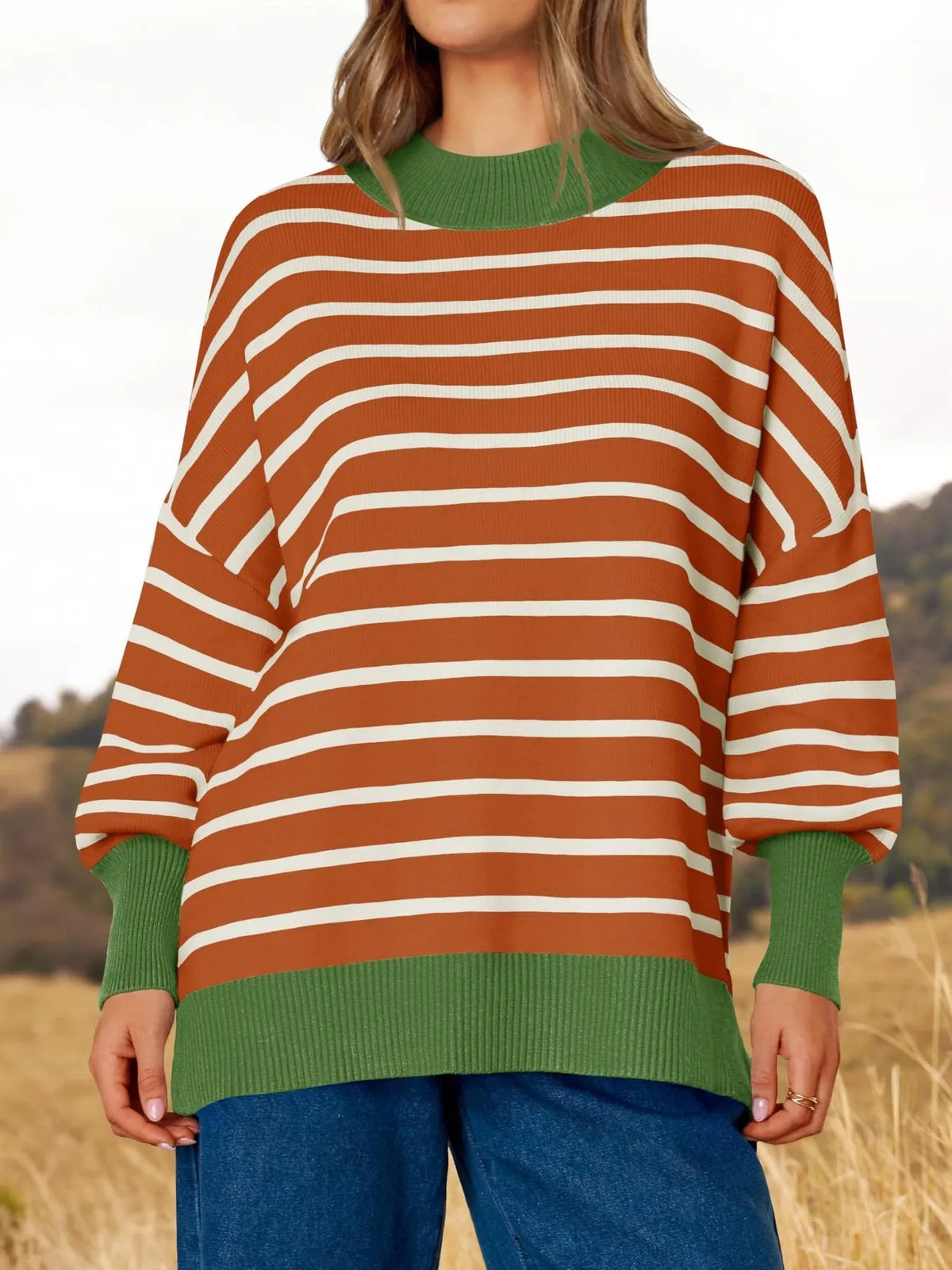 Detail of stripe knit and round neckline