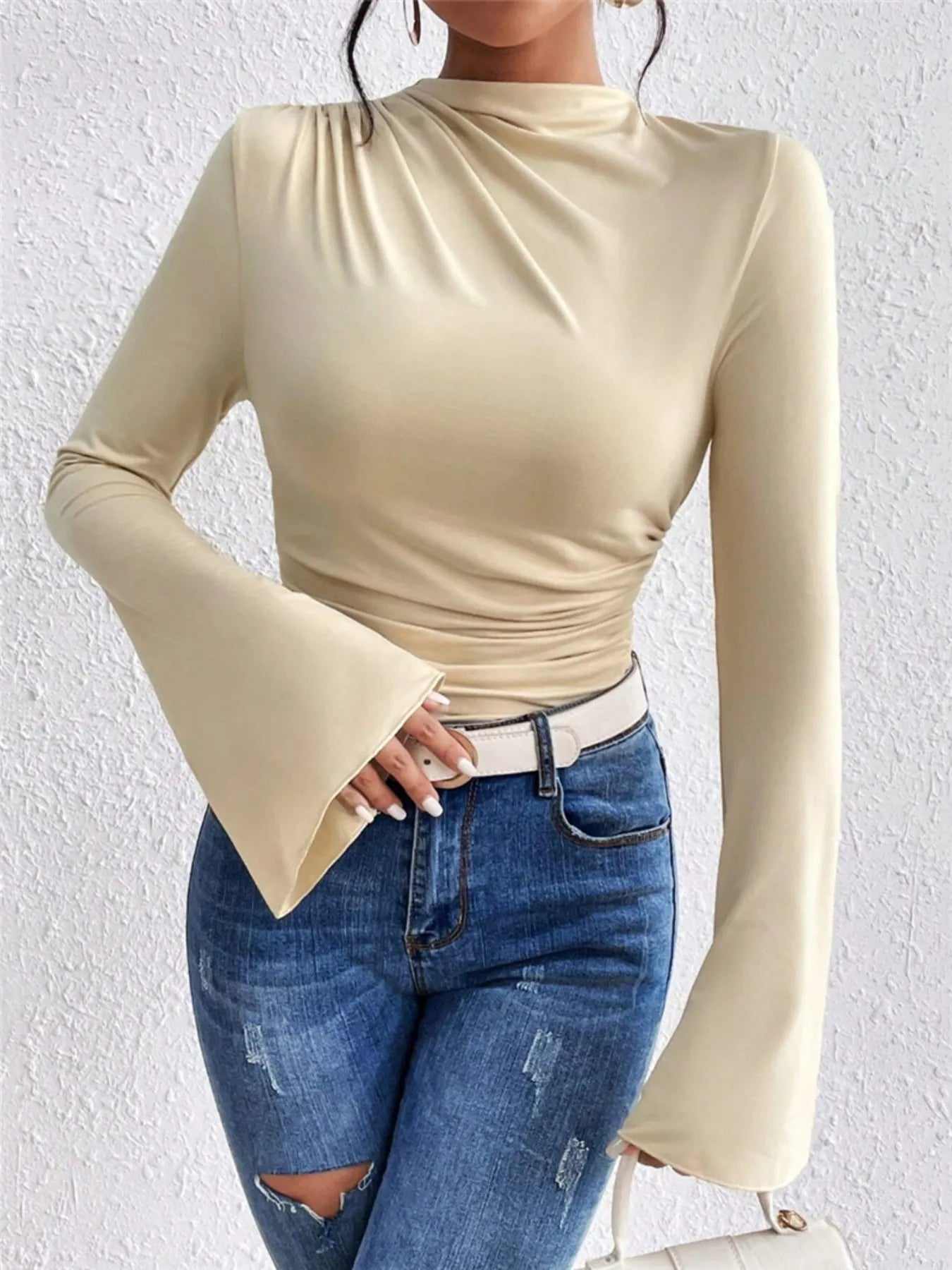 Bell Sleeve Ruched Fitted T-Shirt with Mock Neck - Fashorio
