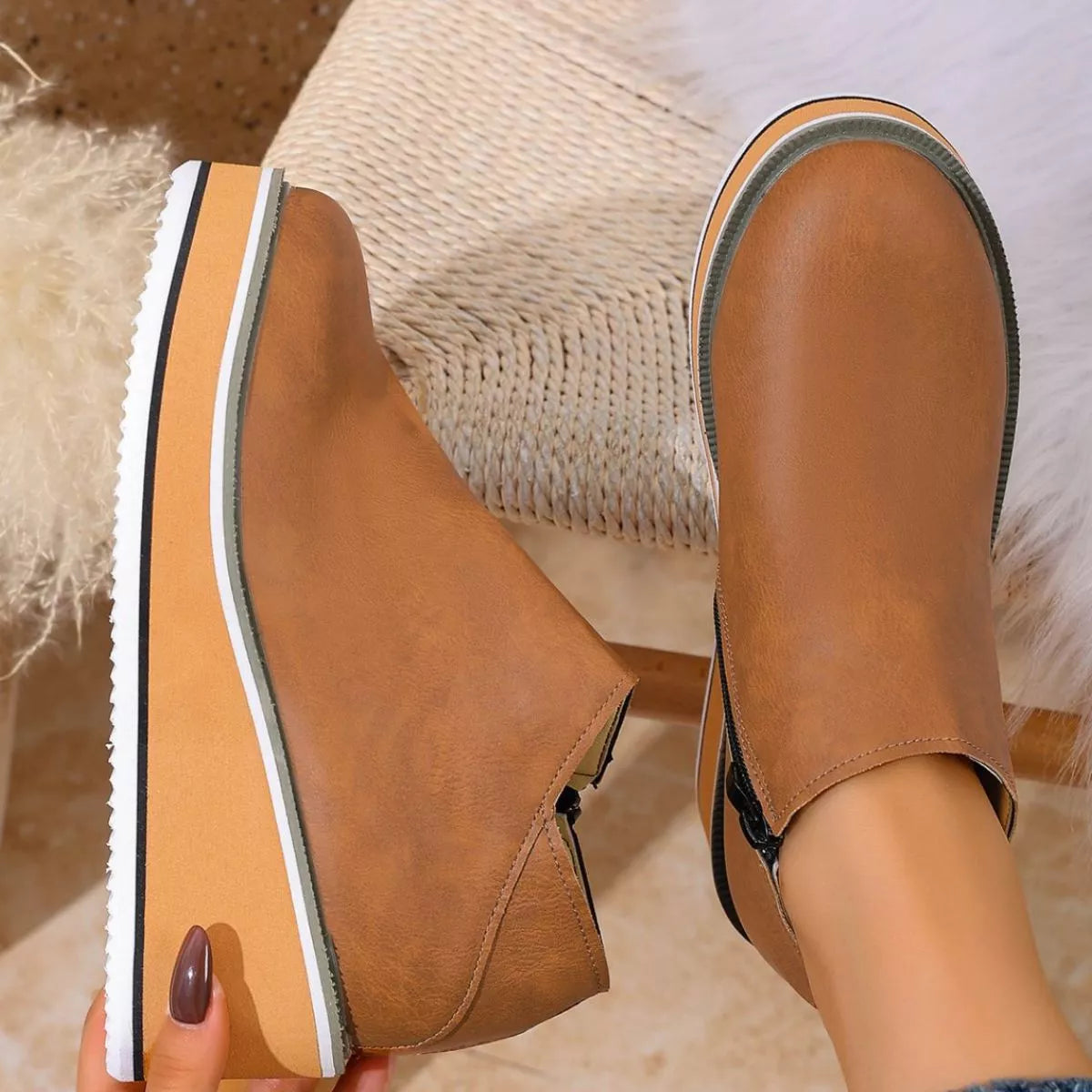 Wedge boots worn with denim