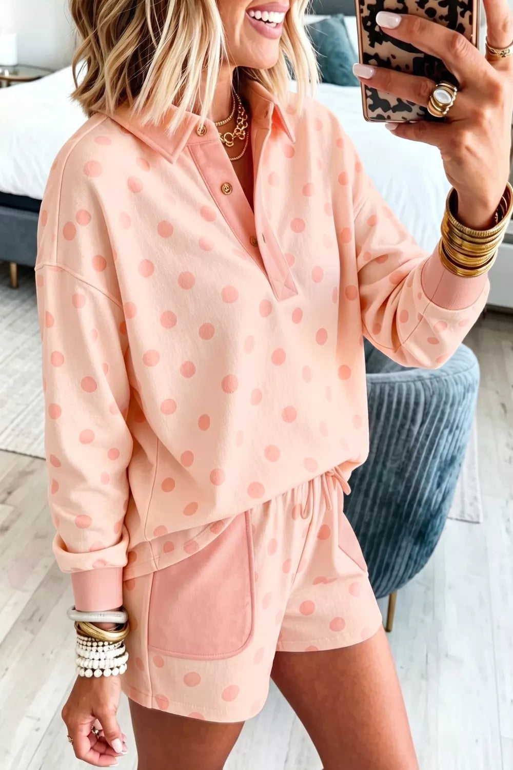 Polka dot polo top detail