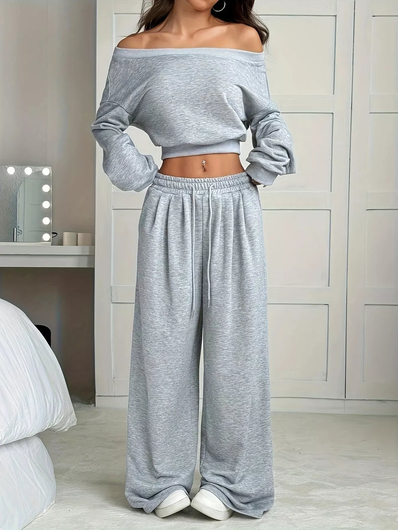 Boat neck crop top and wide leg pants set front view