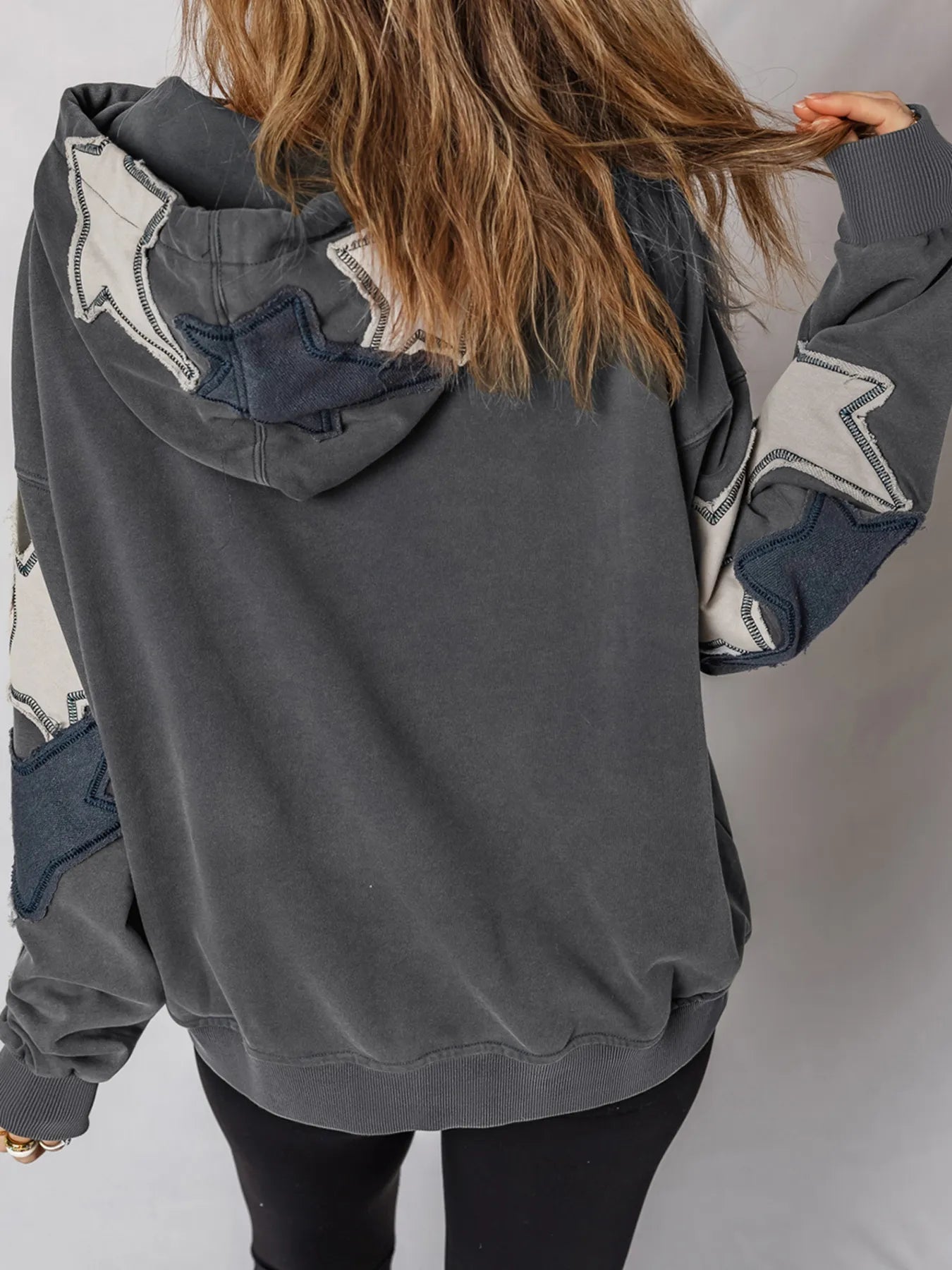 Star Patchwork Contrast Stitching Mineral Wash Kangaroo Pocket Hoodie - Fashorio