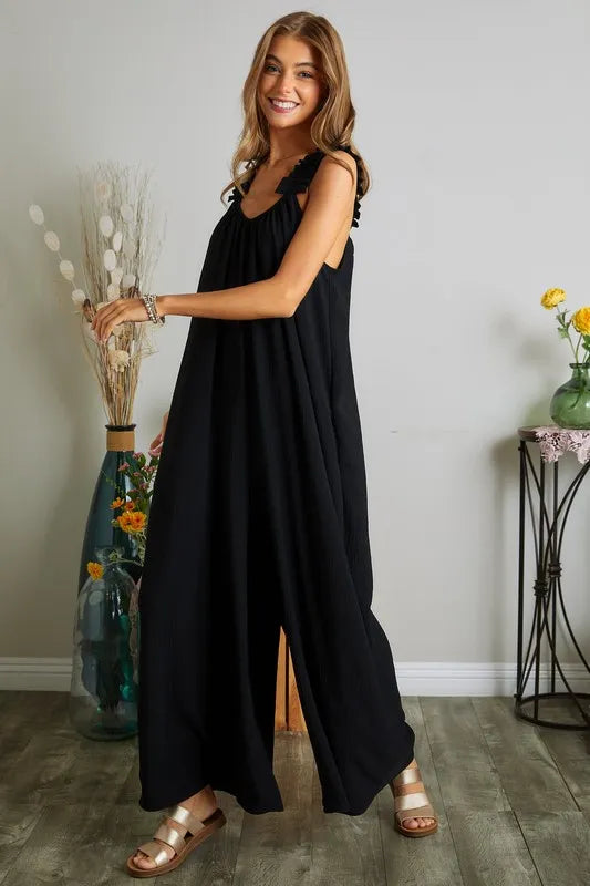 Elastic Ruffle Shoulder Jumpsuit back view