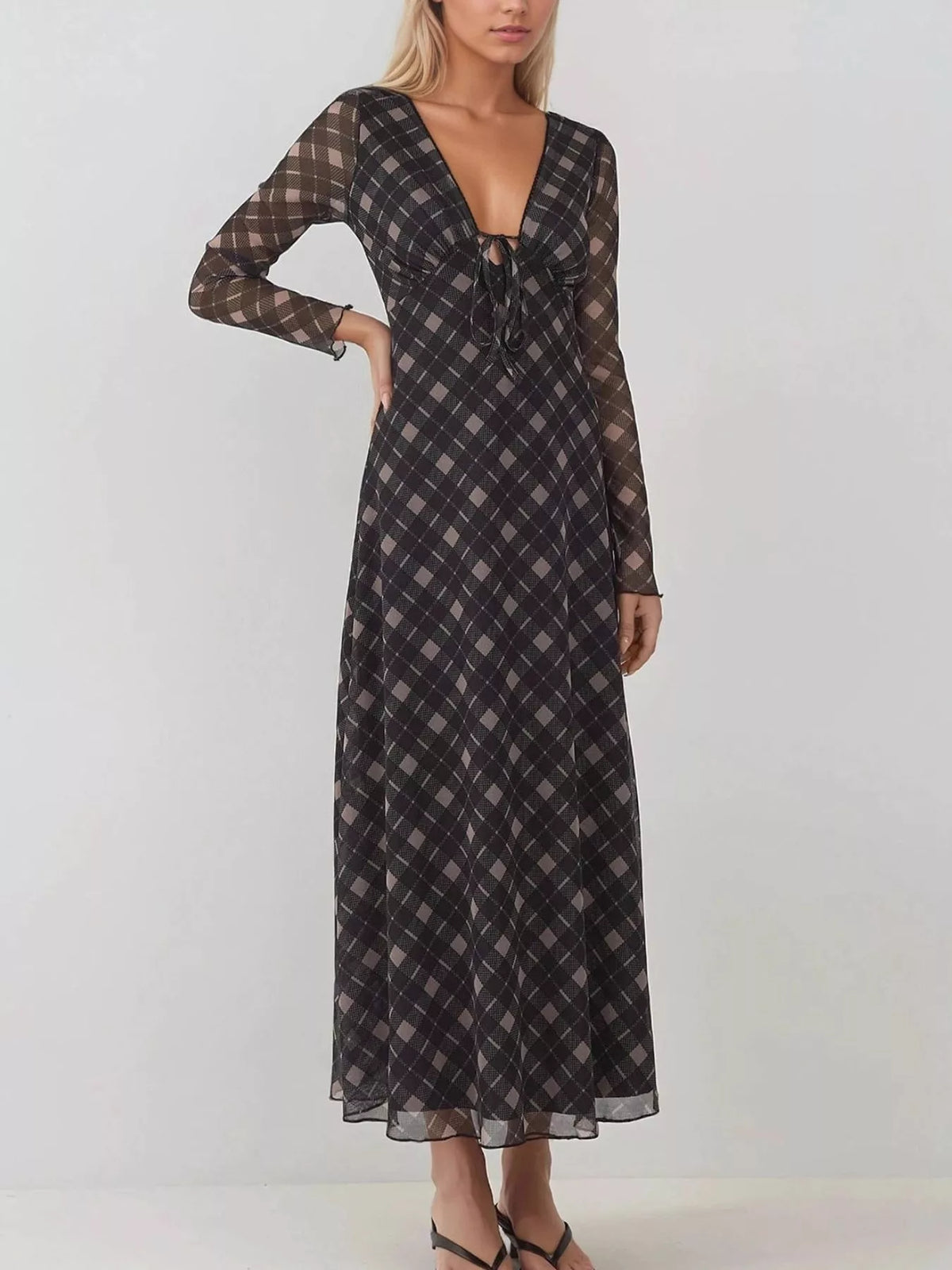 Plaid Tie Front Long Sleeve Dress