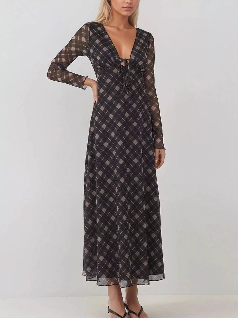 Plaid Tie Front Long Sleeve Dress