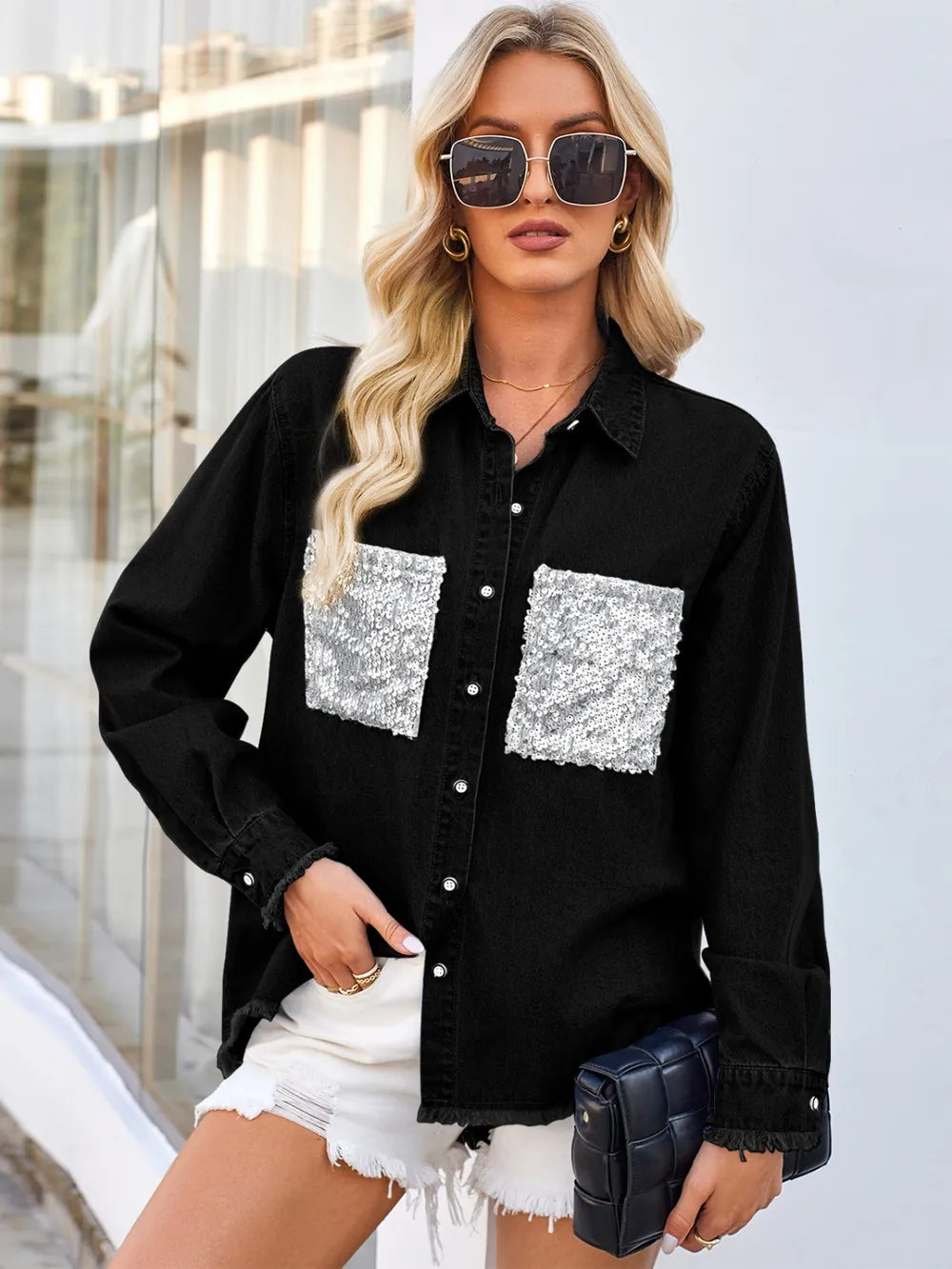 Raw Hem Denim Jacket with Sequin Pockets in Black side view