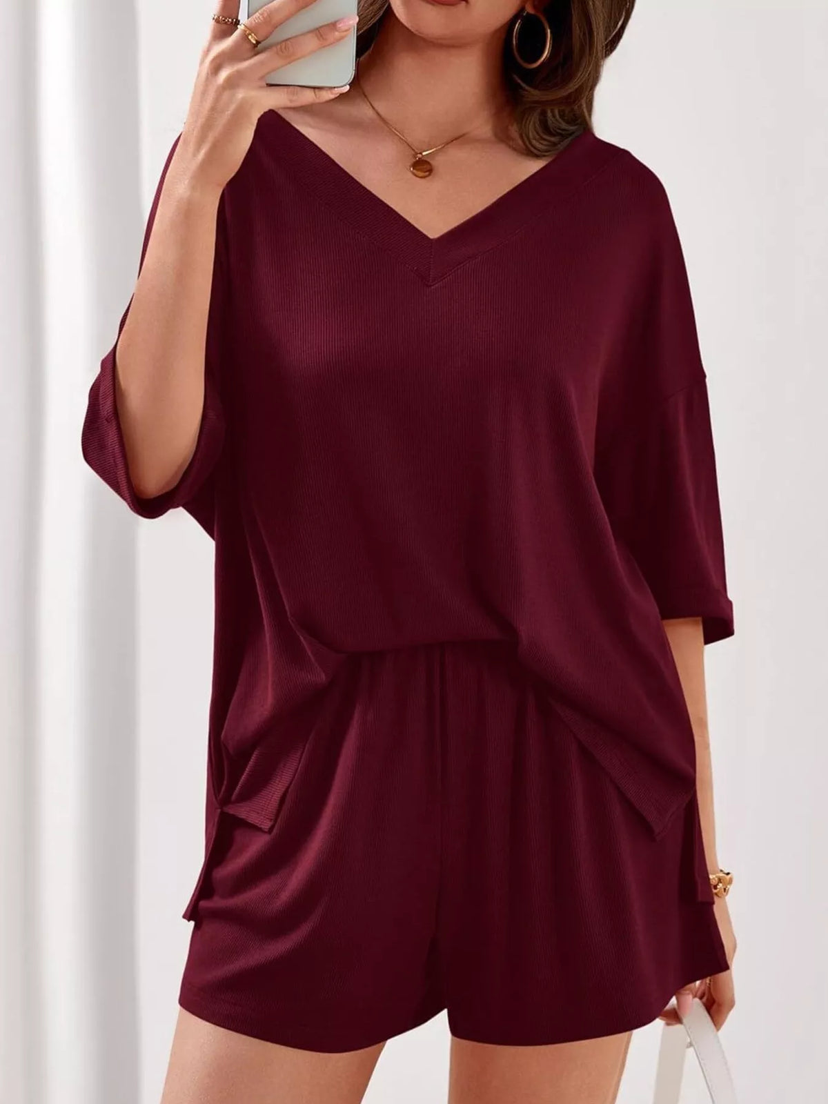 V Neck Top and Shorts Two Piece Set, view 18
