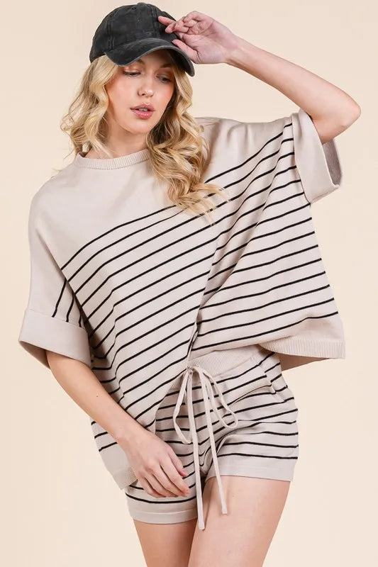 Lime 'N' Chili Striped Folded Half Sleeve Top and Shorts Set - Fashorio