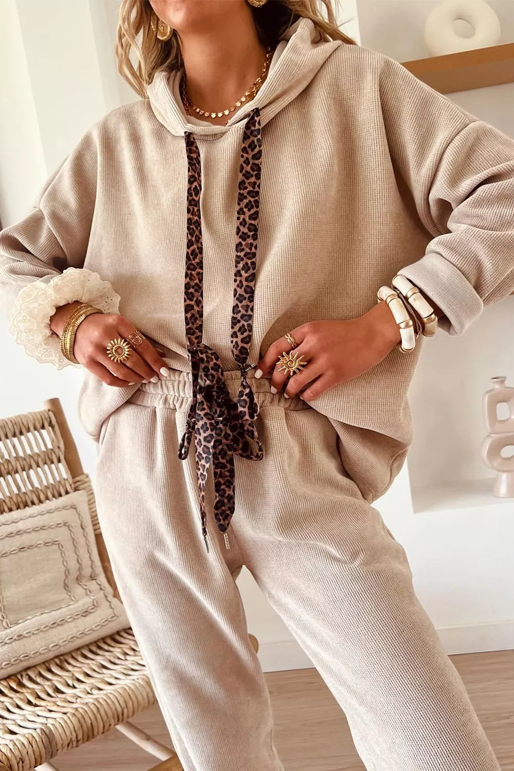 Coordinated leopard pants set back view