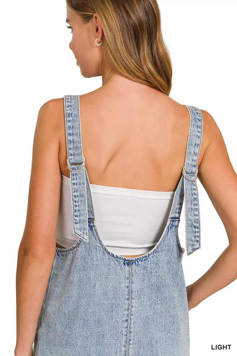 Zenana light wash denim overall dress full length view
