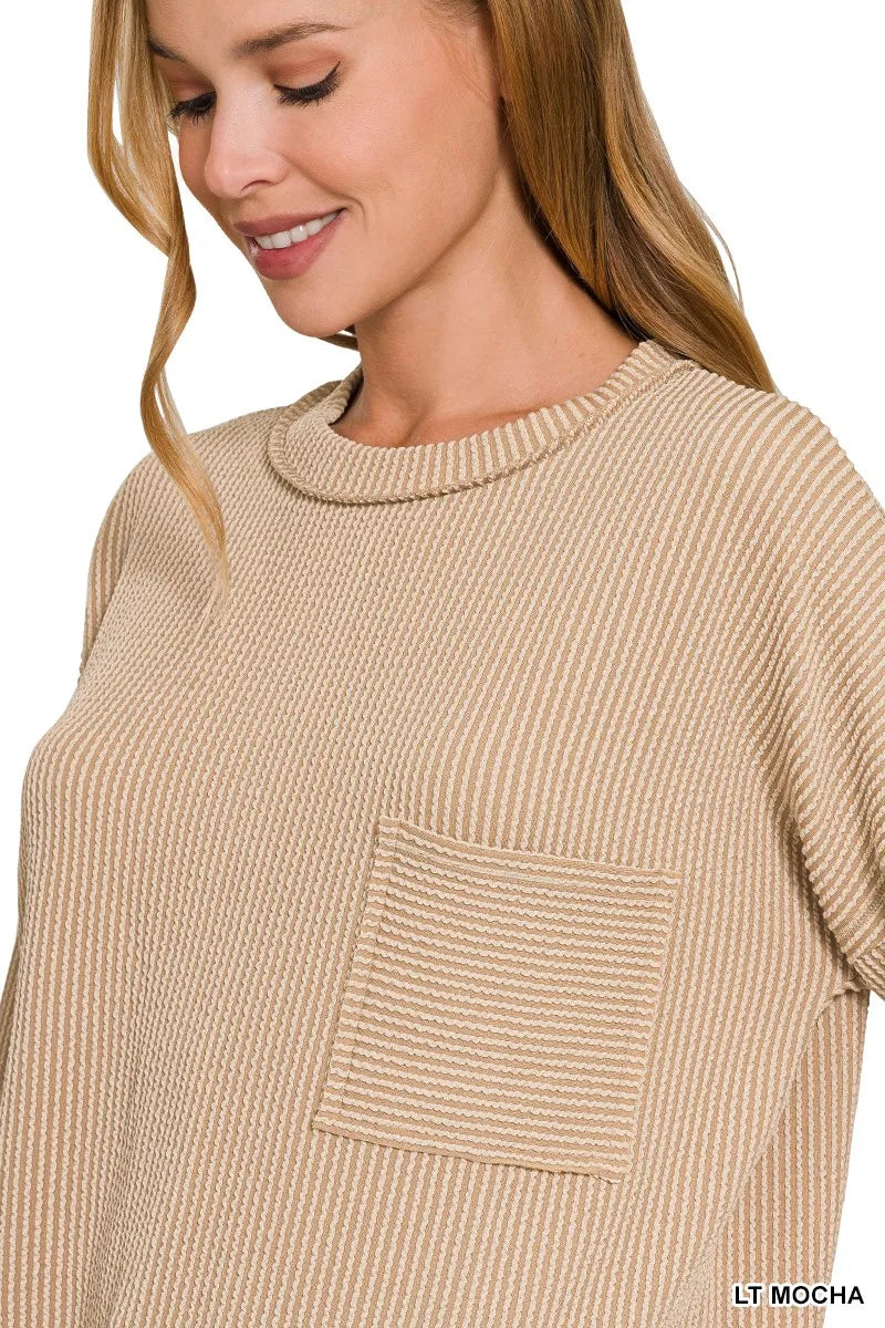 Zenana Long Sleeve Drop Shoulder Rib Top - Fashorio
