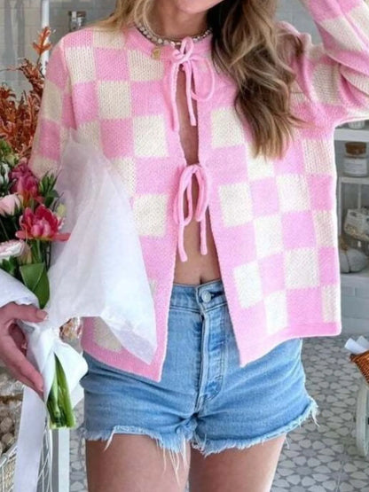 Checkered Tie-Front Cropped Cardigan - Fashorio