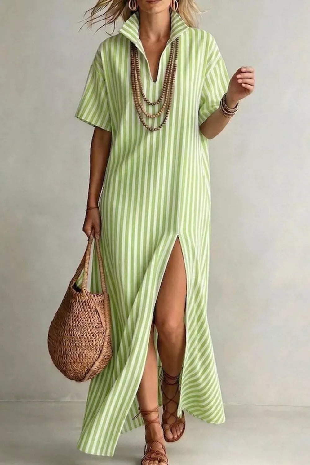 Striped high slit maxi dress front view