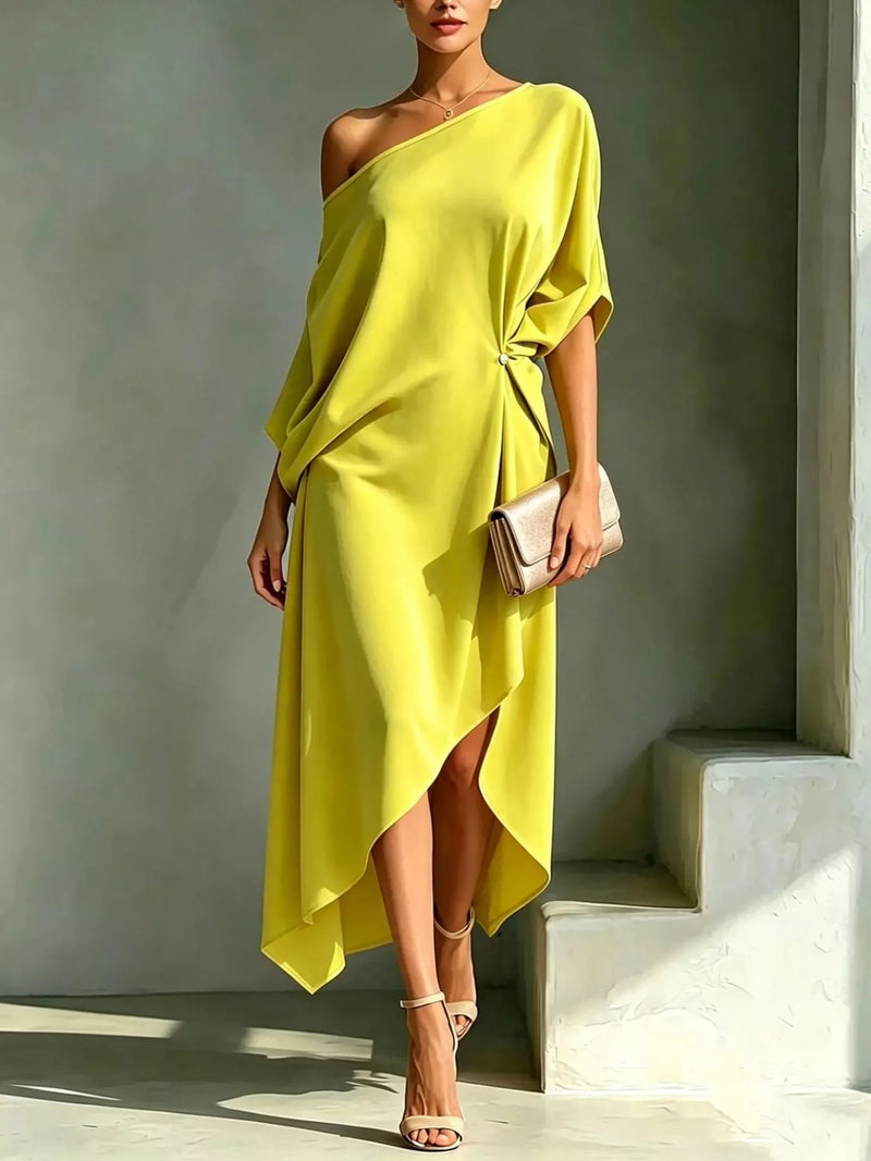 Plus size one shoulder drape dress front view