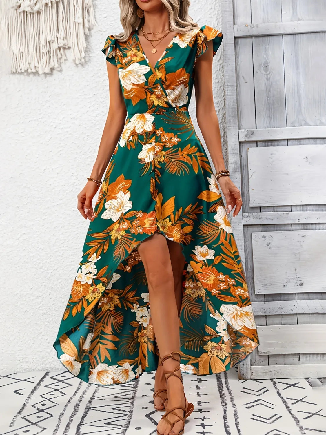 Dark green high low printed cap sleeve maxi dress, side profile