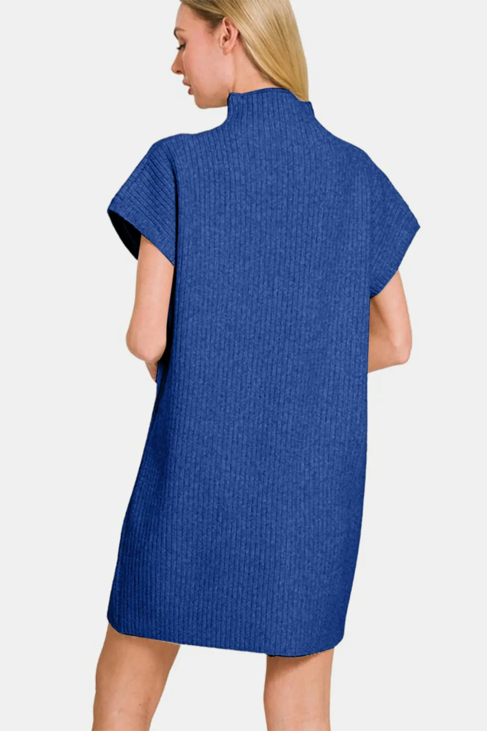 Short Sleeve Sweater Mini Dress in Navy back view