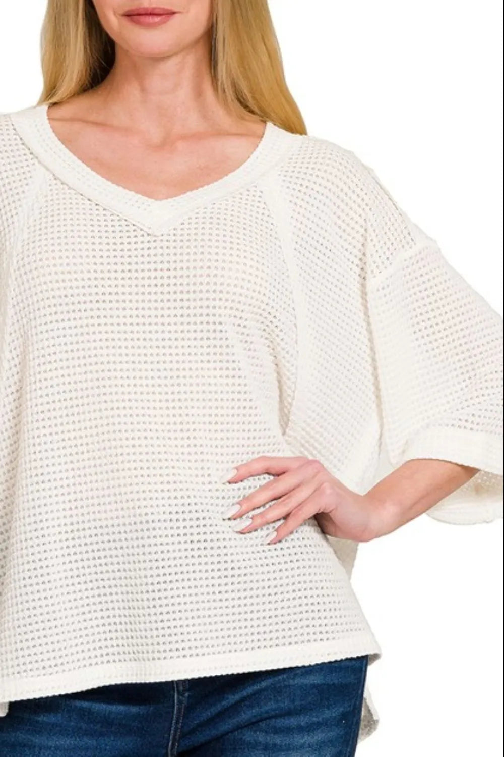 Waffle knit womens top sleeve detail