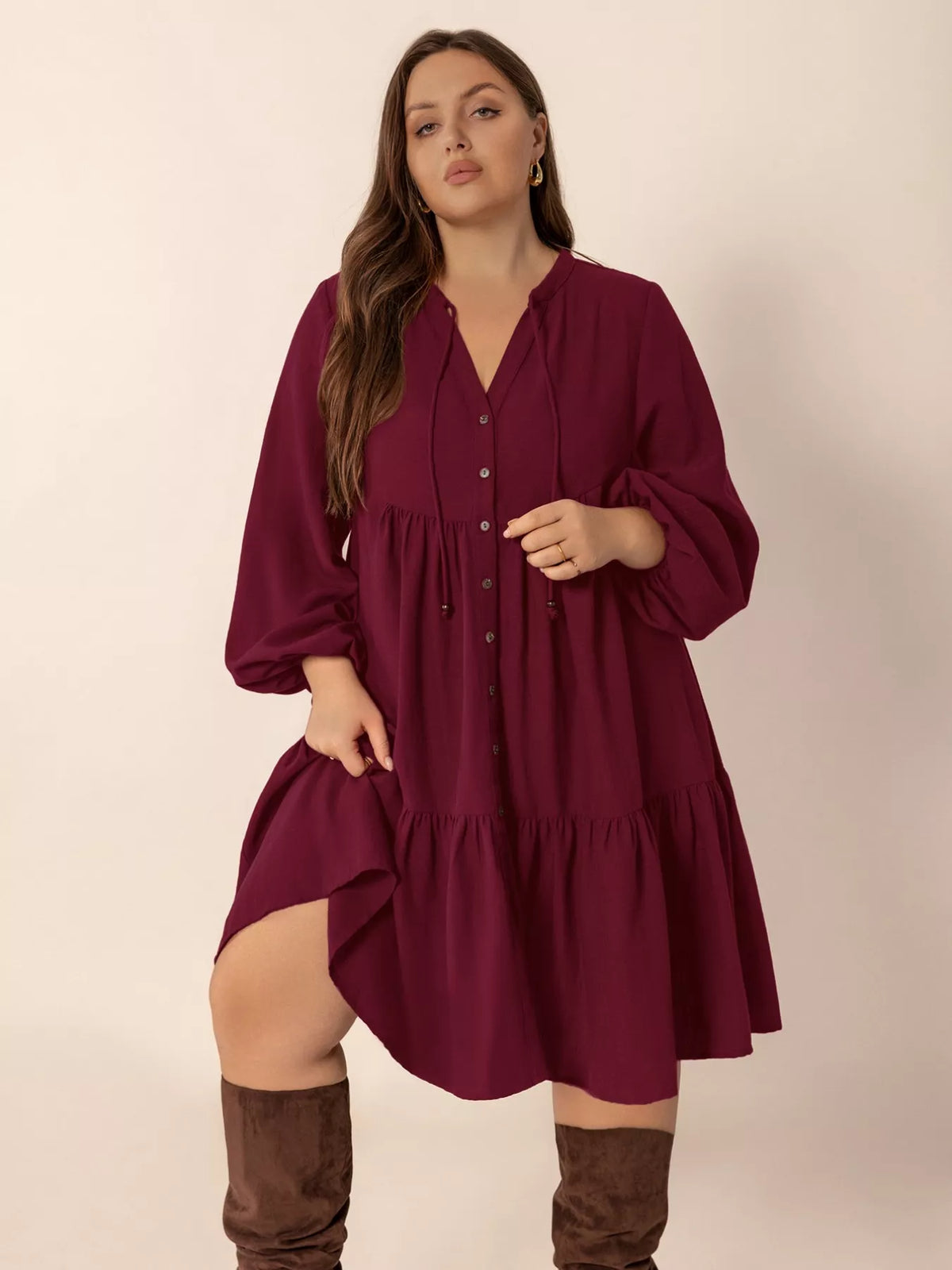 Balloon sleeve shirt dress button placket detail