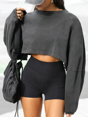 Round Neck Long Sleeve Crop Sweatshirt Dark Gray - Fashorio