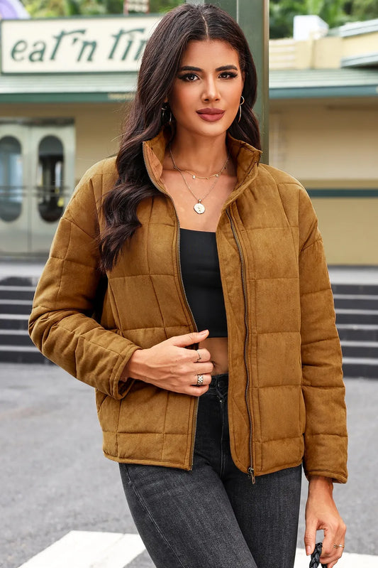 Zip Up Pocketed Long Sleeve Coat Ochre - Fashorio