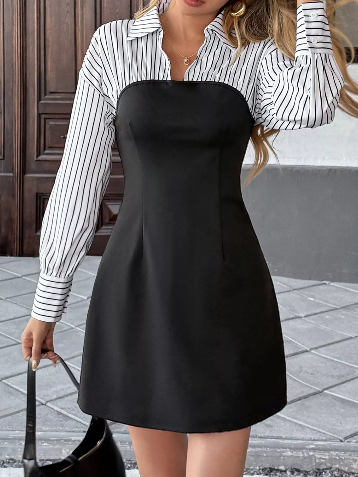 Black striped panel bodycon mini dress side view
