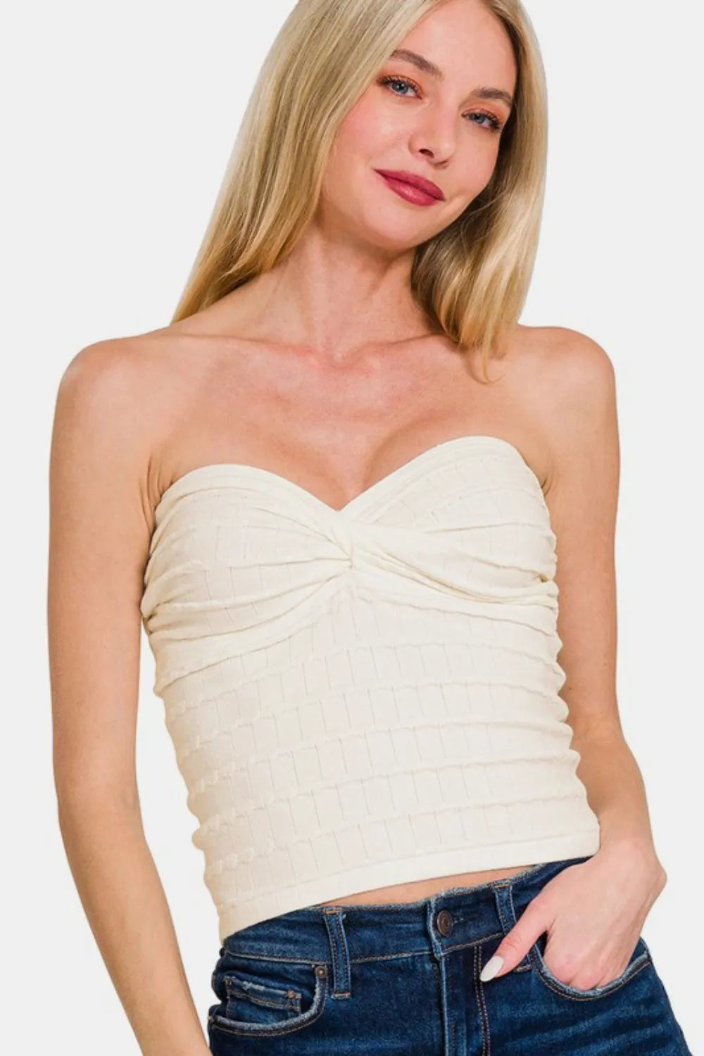 Ivory ruched sweetheart neck top front view