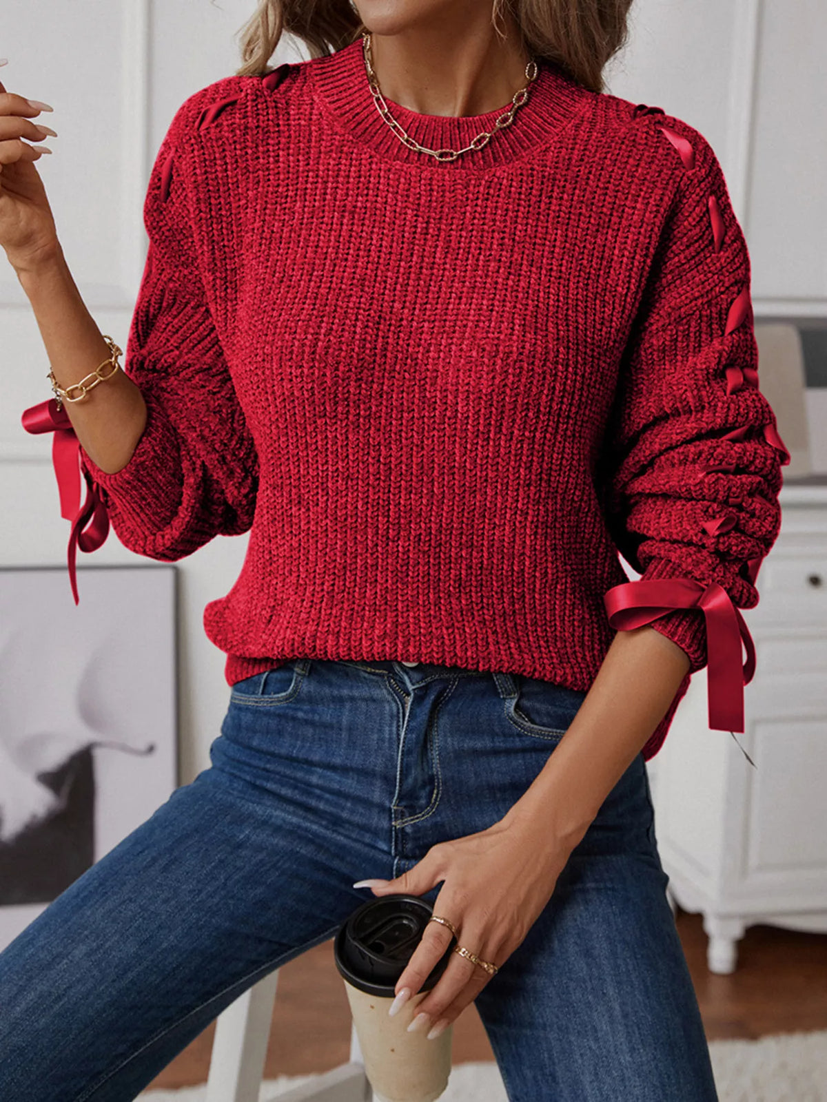 Ribbon tie sleeve round neck sweater, knit texture detail