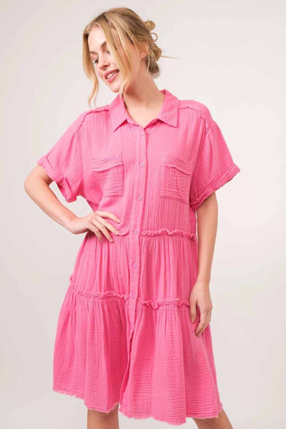 Raw Edge Washed Tiered Shirt Dress styled look