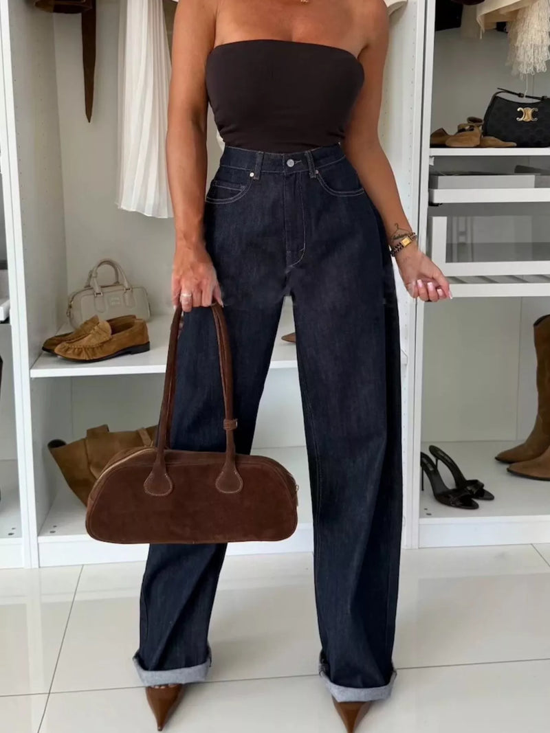 High waist washed wide leg jeans in dark navy front view