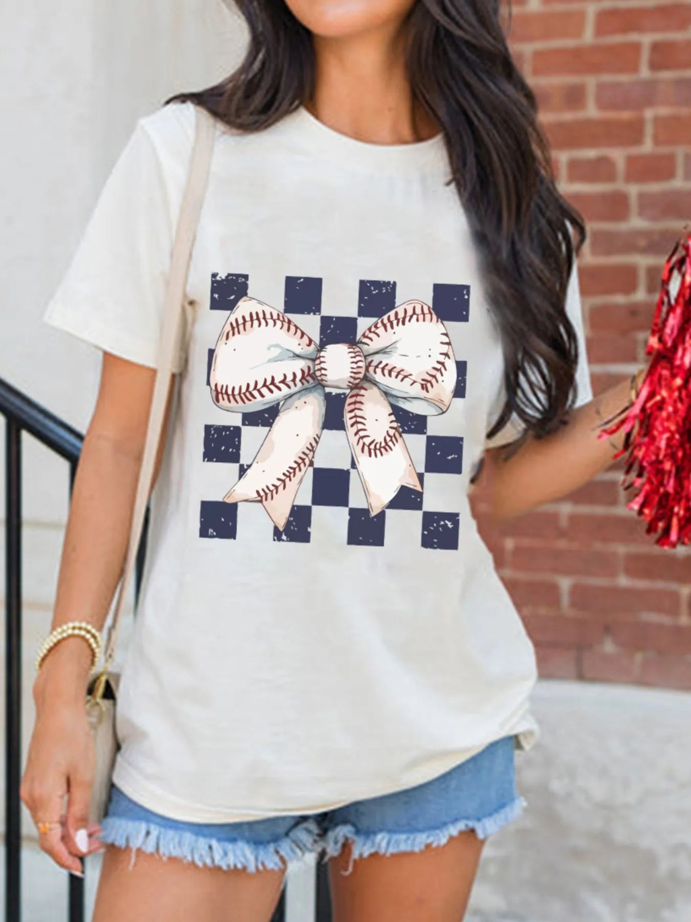 Checkered Bowknot Graphic Crew Neck T Shirt - Fashorio