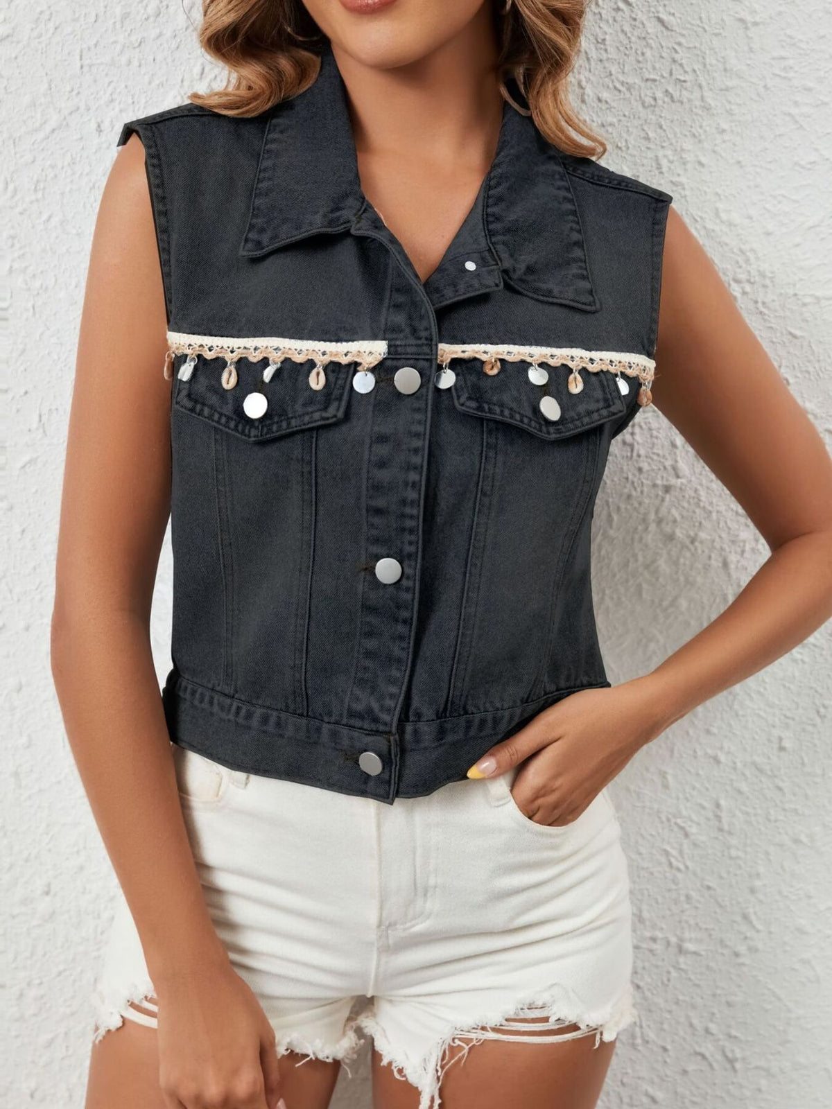 Button Up Denim Vest in Dark Blue view 10
