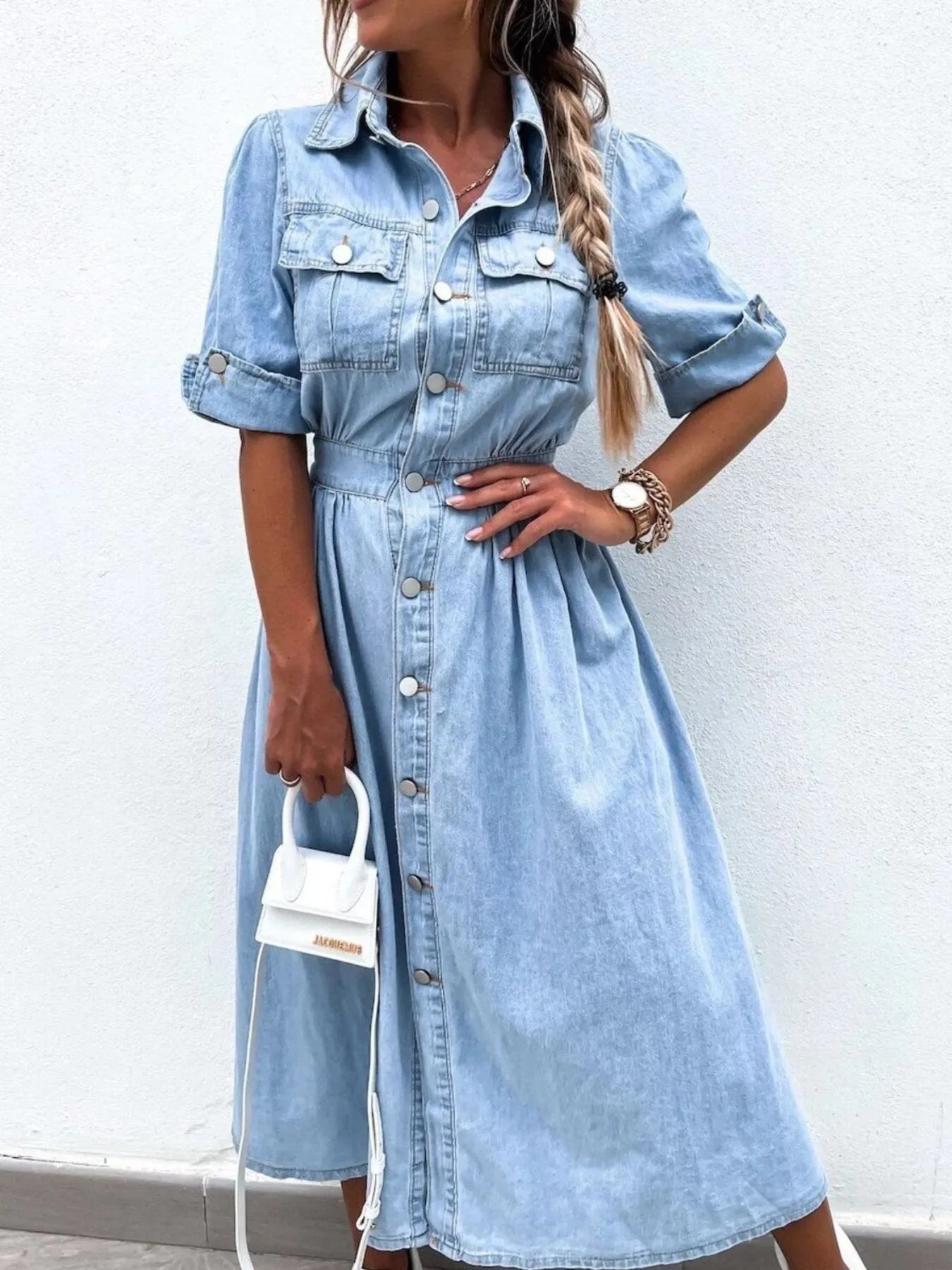 Full Size Button Down Roll-Up Sleeve Denim Shirt Dress Plus Size - Fashorio