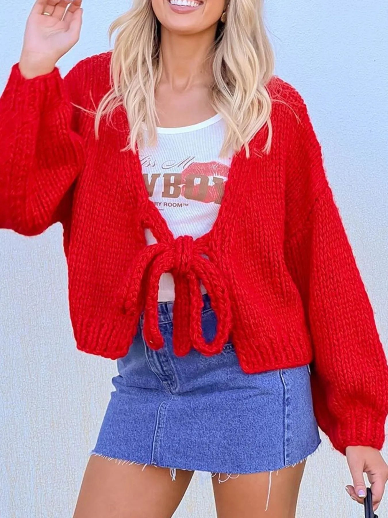 Tied Drop Shoulder Cardigan - Fashorio