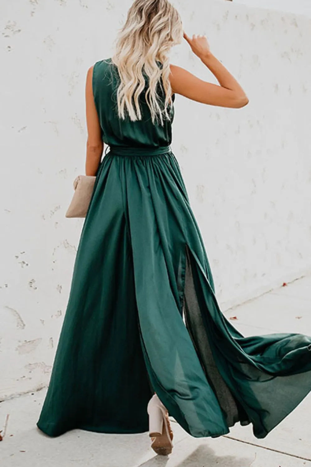 Surplice tie waist maxi dress styled with heels