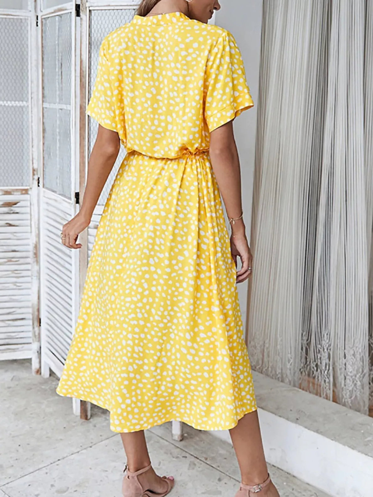 Polka dot button front midi dress back view