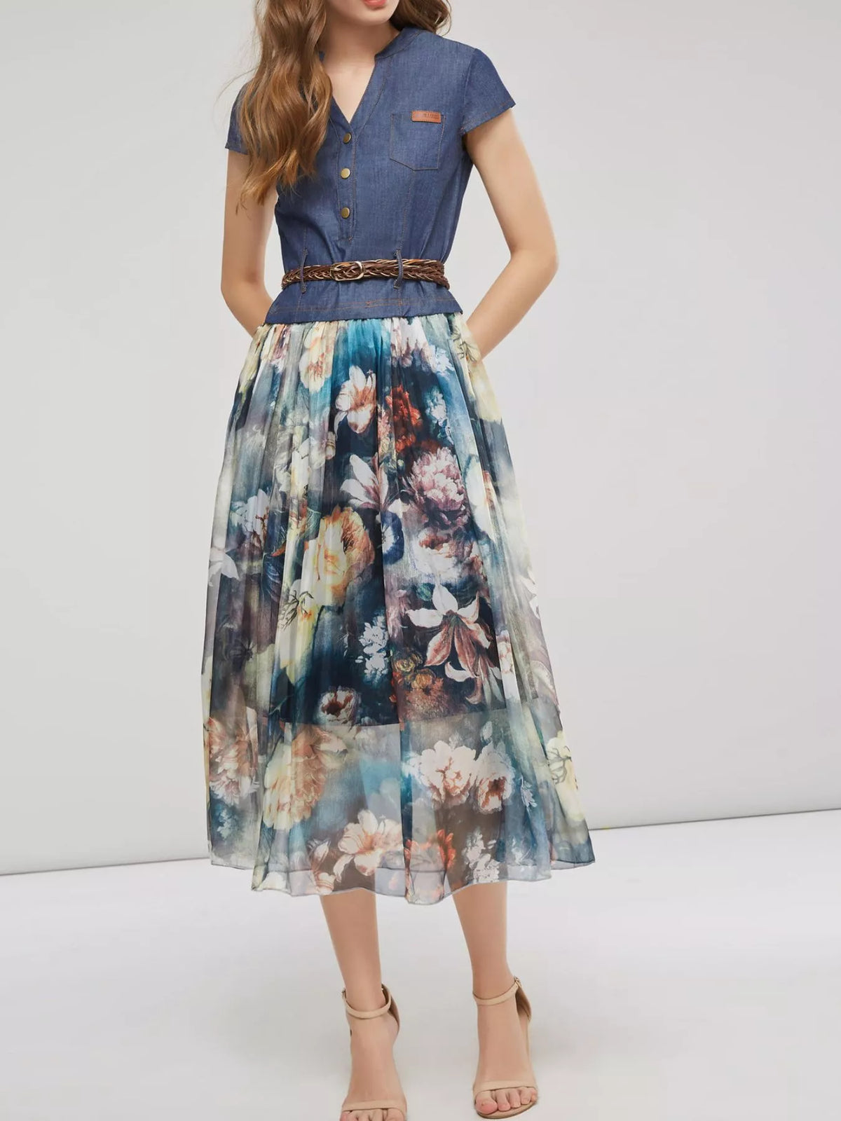 Patchwork floral dress side drape