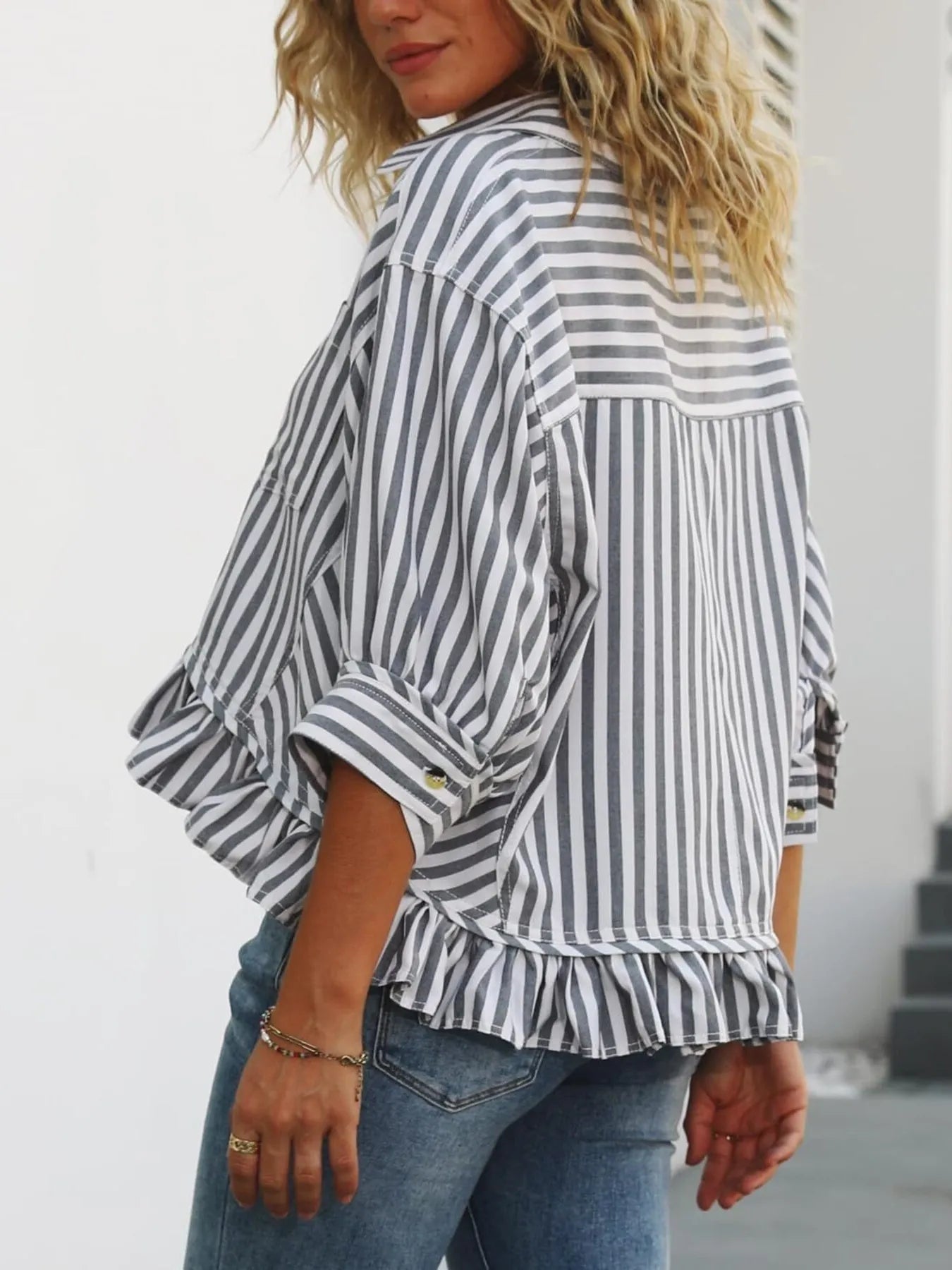 Striped Ruffle Hem Button-Up Shirt - Fashorio